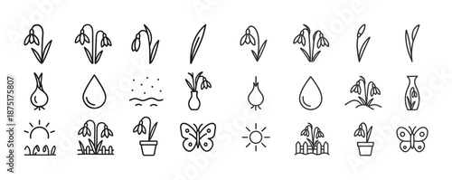 Spring flower icons: snowdrops, sun, butterfly, vase, pot