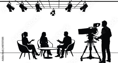 Television talk show studio silhouette with host guests cameraman, black and white broadcast interview media production concept scene illustration lifestyle