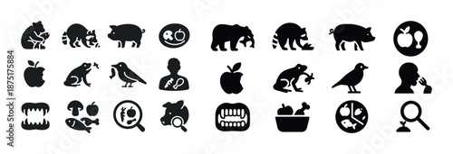 Animal silhouettes and food icons featuring bears, pigs, frogs, birds, and human