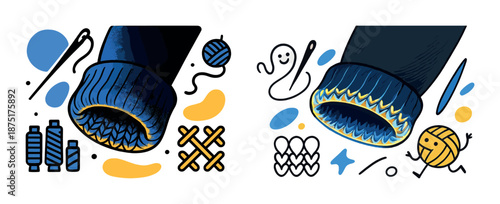 Creative knitting artwork featuring joyful yarn characters and colorful patterns