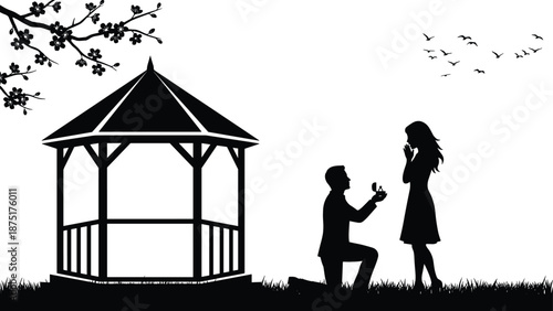Romantic marriage proposal silhouette in garden gazebo, kneeling man offering engagement ring, love story, wedding concept, black vector illustration, scene