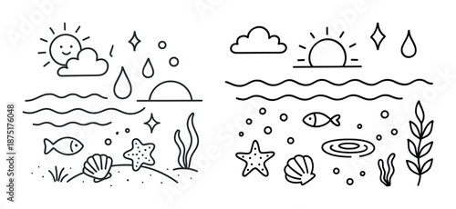 Simple line art: ocean scene with sun, fish, shells, and starfish