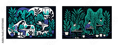 Young adults working on laptops in lush indoor garden workspace