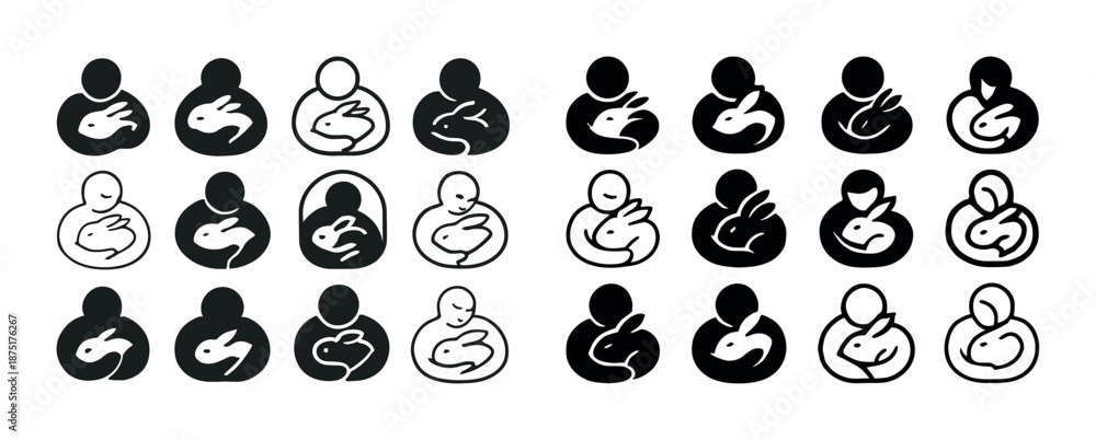 Naklejka premium Set of animal emblem icons featuring abstract rabbit and human silhouettes