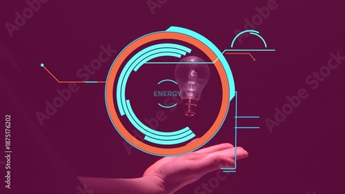 Animation of energy level and bulb over caucasian man hand on purple background