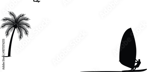 Windsurfing silhouette near tropical palm tree, minimalist beach landscape, summer vacation adventure concept, black vector illustration, serene coastal scene