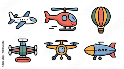 Air transport Illustration Collection: An assortment of playful illustrations showcases diverse modes of air travel.