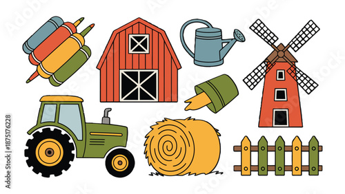Farm Life: A collection of charming illustrations showcasing the essence of rural life, featuring a red barn, windmill, watering can, tractor and other elements.