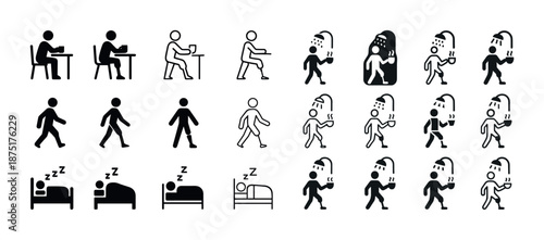 Everyday routine icons: dining, walking, sleeping, showering activities