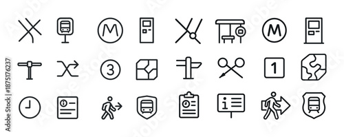 Minimalistic subway and metro icon set in black line style