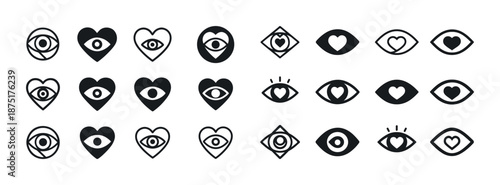 Eye and heart icon set: love, vision, design elements in various styles