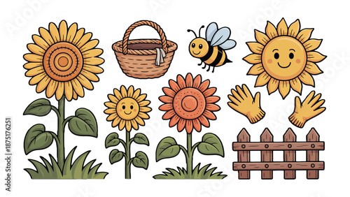 Sunny Delight: A charming illustration depicts vibrant sunflowers, a woven basket, a buzzing bee, gardening gloves, and a picket fence, radiating warmth and the joys of the outdoors.