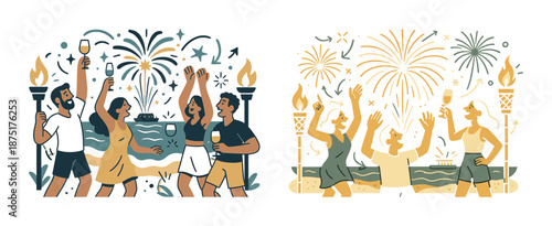 Diverse group celebrating with fireworks on a beach at night