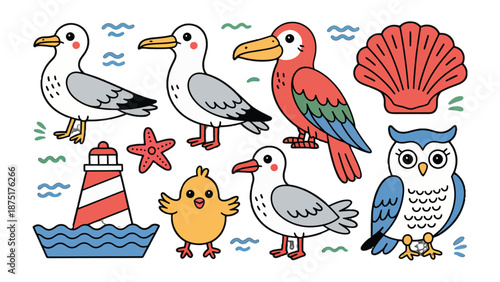 Ocean Friends: A charming illustration capturing an assortment of ocean inhabitants in a playful and engaging design, perfect for educational materials or delightful designs. 