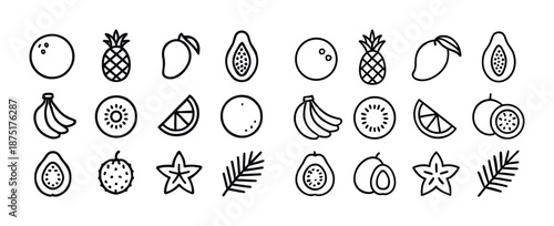 Set of fruit icons: pineapple, banana, kiwi, lime, papaya, coconut, mango, lychee, starfruit