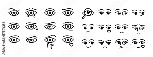 Cartoon eye expressions set: emotions and reactions in simple line art