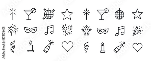 Outline party icons: drinks, music, fireworks, mask, stars, hearts