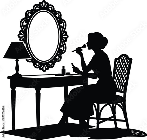 Woman applying makeup at vanity mirror silhouette, beauty routine scene, cosmetic preparation concept, black vector illustration, elegant lifestyle interior design