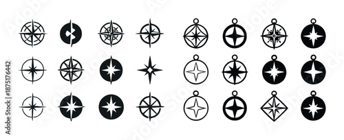 Set of black compass icons in various geometric designs