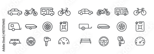 Monochrome vehicle and accessory icons: cars, motorcycles, bicycles, trailers, fuel cans, wheels, steering wheels, gauges, keys