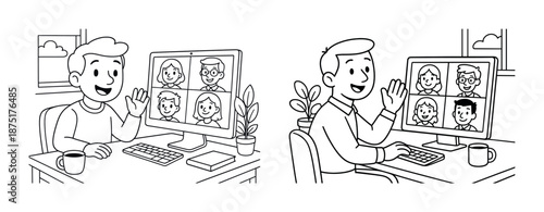 Young caucasian male on video call with multiple colleagues in office setting