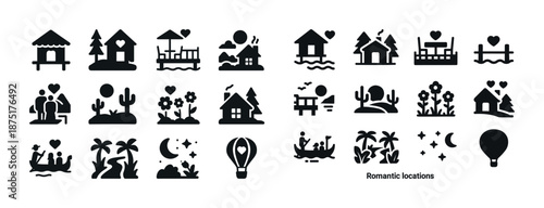 Romantic locations icon set: cozy houses, beach views, flower gardens, and scenic nights