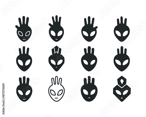 Martian Logo Variations. martian. Icon set. Set Logo of martian: alien hand. harmonious logo variations of the same emblematic concept, each with different