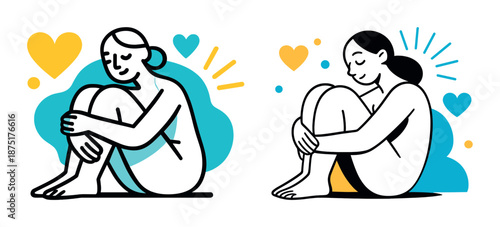 Abstract line art of two seated females with heart and color accents