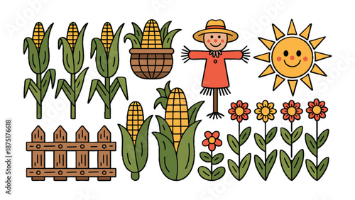 A Garden of Harvest: A charming illustration depicts the bounty of autumn, showcasing golden corn, smiling sunflowers, a watchful scarecrow, and a rustic fence.