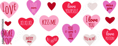 Valentines heart stickers with romantic quotes. Doodle love symbols and whimsical framed shapes.