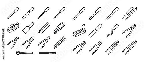 Collection of hand tools and equipment icons in line art style