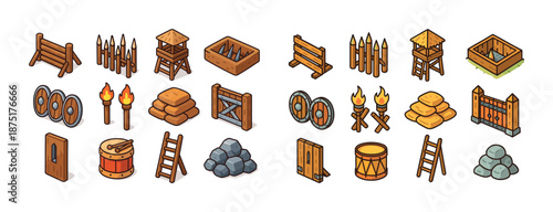 Cartoon medieval fortifications and tools collection