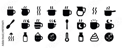 Set of black coffee mugs, teapots, and utensils icons in silhouette style