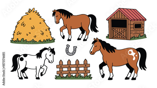 Horse and Barnyard Illustration: A charming, whimsical illustration depicts a collection of barnyard elements, showcasing a playful scene with horses and rustic structures. 