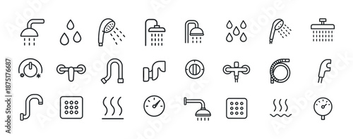 Minimalist shower icons set featuring various designs and functional elements