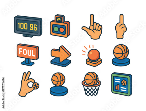 Basketball Icon Set. Basketball scoring. Colorful isometric vector icons set of Basketball scoring: scoreboard, shot clock, score buttons, referee hand signal,