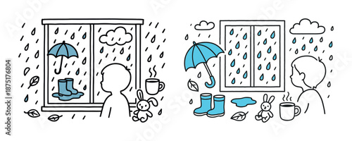 Child looks out rainy window with boots and bunny inside cozy room