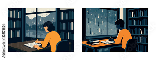 Reading and writing by the window: cozy library scenes on a rainy day