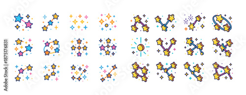 Bright colorful constellation icons with stars and cosmic elements
