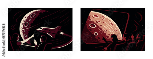 Space journey: exploring the moon from a spaceship with crew views