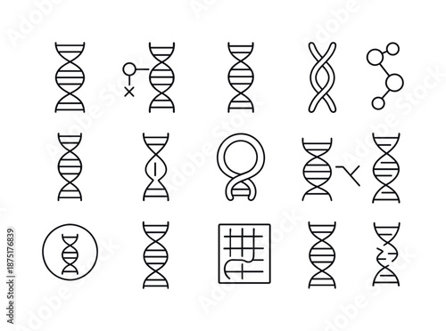 DNA Line Icons. DNA. Line icon set of DNA: double helix, nucleotide, gene strand, chromosome, base pair, replication fork, DNA loop, molecular bond, cell