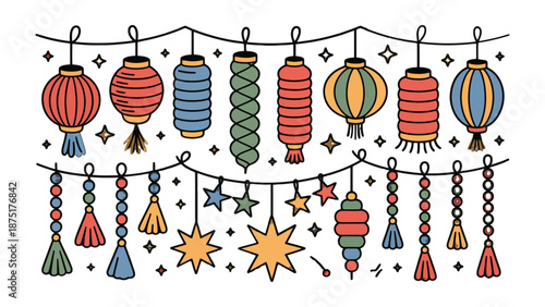 Celebratory Lanterns: A vibrant display of colorful lanterns, each with a unique design, hang gracefully, casting a warm and inviting glow, symbolizing celebration and cultural festivity.