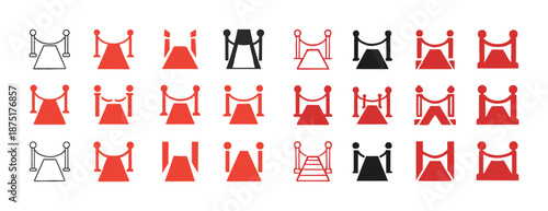 Red carpet icon set with stanchions, ropes, and pathway illustrations