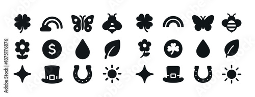 Set of black lucky charm icons: clover, rainbow, and more