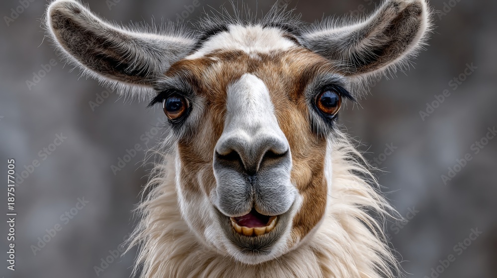 Fototapeta premium Close-up portrait of a llama with expressive eyes and a friendly demeanor, showcasing its unique facial features and soft fur texture against a blurred background, capturing the essence of this charmi
