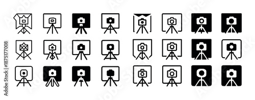 Set of camera icons on tripods in various styles and designs