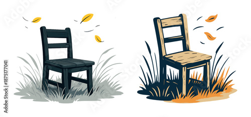 Two contrasting chairs in nature with falling leaves