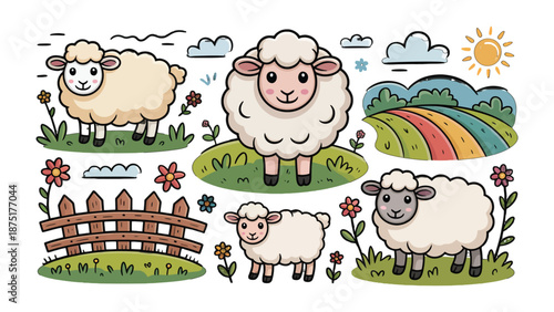 Sheeps in Pasture: A playful illustration depicts a flock of adorable sheeps frolicking in a cheerful pasture, embraced by sunny weather and blooming flowers.