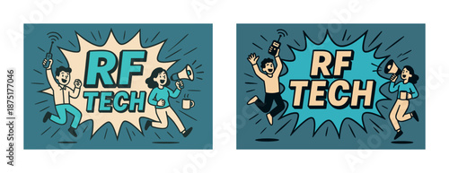 Rf tech celebration with animated characters holding devices