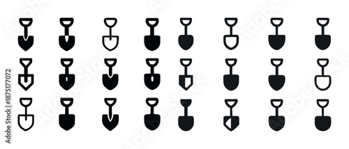 Collection of 20 different shovel icons in black and white